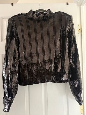 Black Sequin High-Neck Long-Sleeve Women's Top